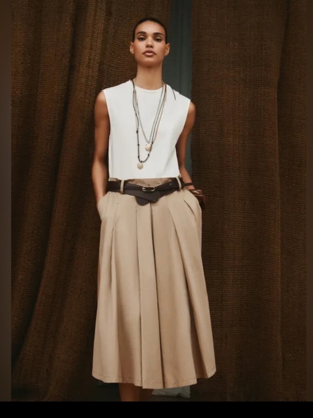 NWT. Zara Camel/Cream Cotton Mixed-Fabric Midi Dress with Belt. Size M.